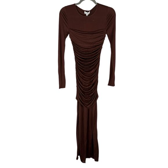 L'Academie Alma Maxi Dress Ruched Long Sleeve Formal Elegant Evening Brown Sz XS - Picture 4 of 12